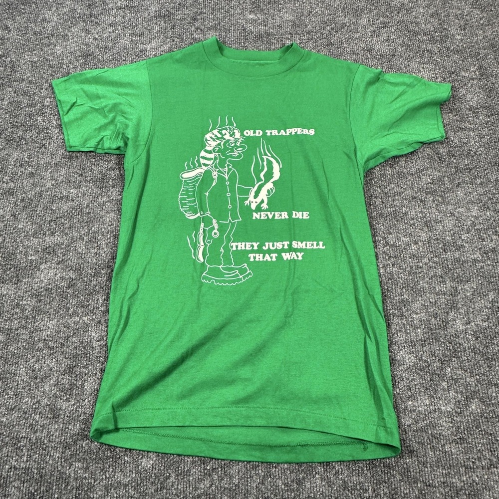 Vintage Hanes Shirt Mens Small Green Old Trappers Graphic Hunting Tee 80s